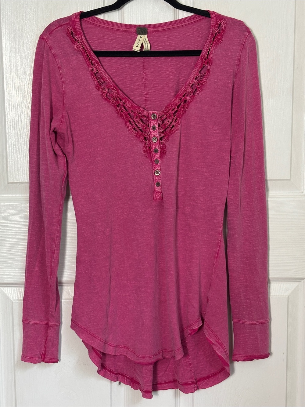 We the Free Pink Cotton Long Sleeve Lace-Trim Henley Top Size Large Free People